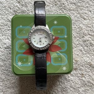 Fossil stainless steel watch with brown leather wristband